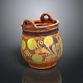 Hand Carved Clay Sculpture Pot With Two Handles And Colorful Patterns