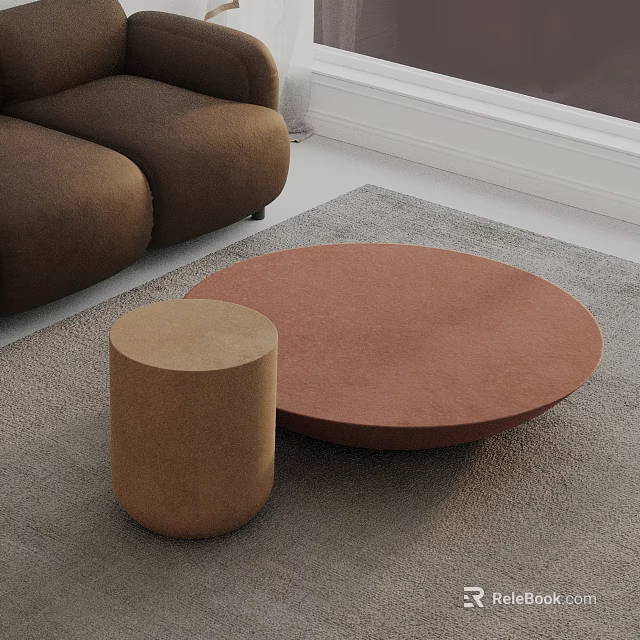 Modern Interior With Brown Sofa And Round Coffee Table Set On Gray Carpet 3d model