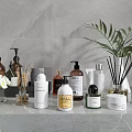 Elegant Bathroom Accessories with Bottles Reed Diffusers and Green Plant on Marble Countertop