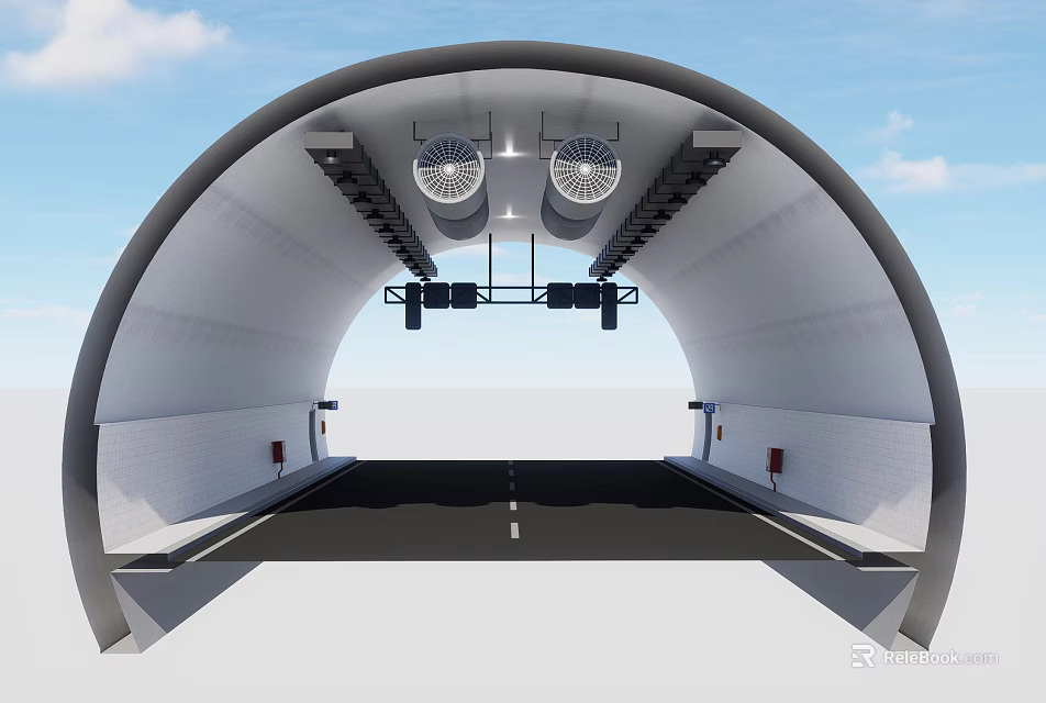 Traffic Signs Inside Road Tunnel with Arch Ceiling Lighting and White Lines 3d model 