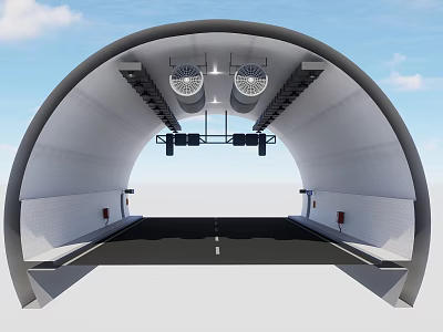 Traffic Signs Inside Road Tunnel with Arch Ceiling Lighting and White Lines 3d model