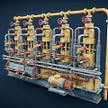 Industrial Pipeline System With Yellow Pipelines Valves And Multiple Cylindrical Units