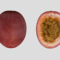 Whole Deep Red Passion Fruit and Halved with Orange Yellow Pulp and Green Seeds