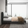 Background Double Bed With Gray Headboard Nightstands Table Lamps Gray Rug And Curtains