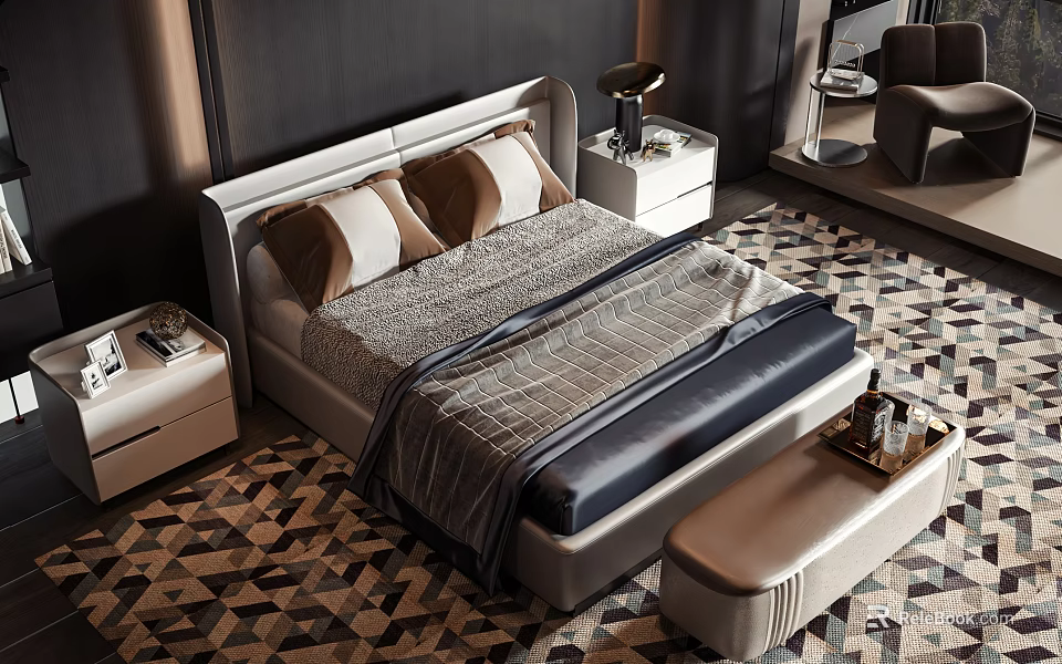 Elegant Modern Double Bed Interior With Bedside Tables Rug And Bed Bench 3d model 