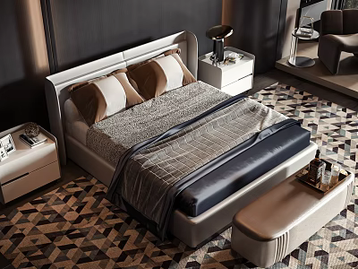 Elegant Modern Double Bed Interior With Bedside Tables Rug And Bed Bench 3d model