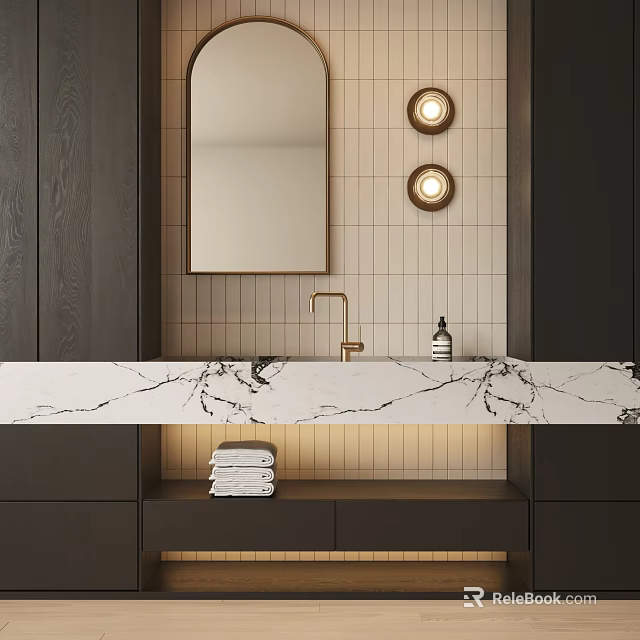 Modern Bathroom Vanity With Marble Countertop Mirror Wall Lights And Stacked Towels 3d model 