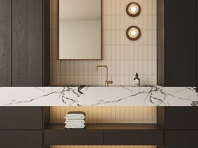 Modern Bathroom Vanity With Marble Countertop Mirror Wall Lights And Stacked Towels 3d model