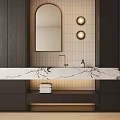 Modern Bathroom Vanity With Marble Countertop Mirror Wall Lights And Stacked Towels