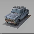 Rusty Vintage Old Car With Roof Rack And Weathered Exterior On Display Platform