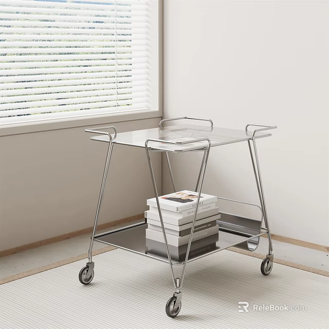 Modern Rolling Side Table With Transparent Glass Top Metal Frame And Lower Shelf 3d model 