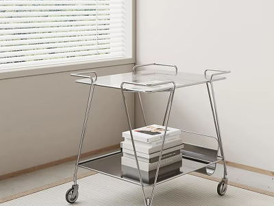 Modern Rolling Side Table With Transparent Glass Top Metal Frame And Lower Shelf 3d model