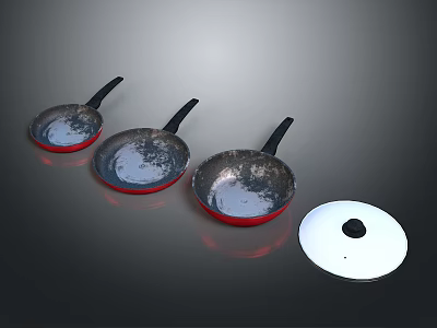 Household Cooking Frying Pans Set With Silver Body Red Edges Black Handles And White Lid 3d model
