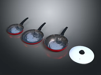 Household Cooking Frying Pans Set With Silver Body Red Edges Black Handles And White Lid 3d model