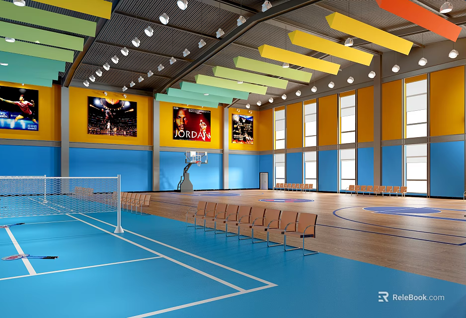 Indoor Sports Fitness Gym With Blue Court Floor White Lines Volleyball Net And Hanging Screens 3d model 