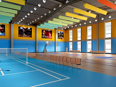 Indoor Sports Fitness Gym With Blue Court Floor White Lines Volleyball Net And Hanging Screens 3d model
