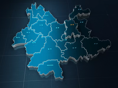 3D Geographic Map With Regional Divisions In Blue Color Tones 3d model