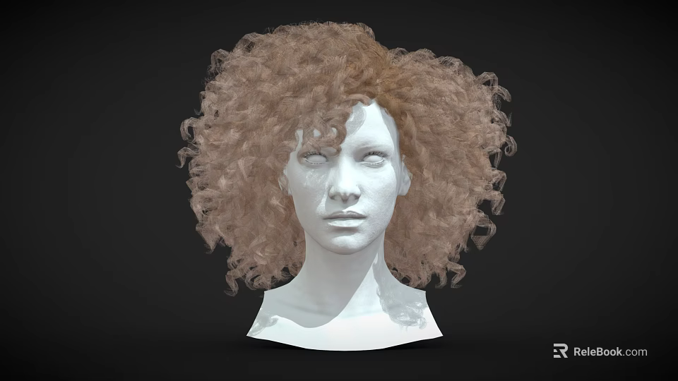 White Woman Head Model With Brown Curly Hair Against Dark Background 3d model 