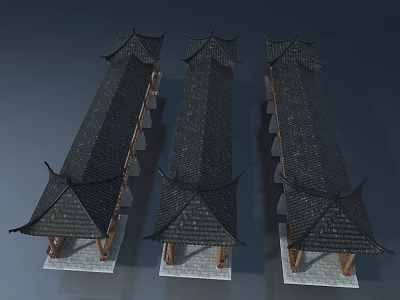 Three Chinese Style Corridor Buildings Featuring Black Tile Roofs Wooden Structure And White Bases 3d model