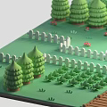 Cartoon Scene with Green Grass Trees White Fence Wooden Bridge and Water