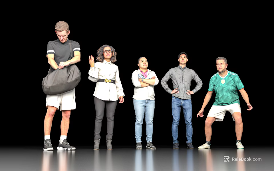 Group of People Standing Together With Various Poses And Different Clothing Styles Against Black Background 3d model 