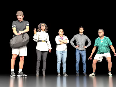 Group of People Standing Together With Various Poses And Different Clothing Styles Against Black Background 3d model