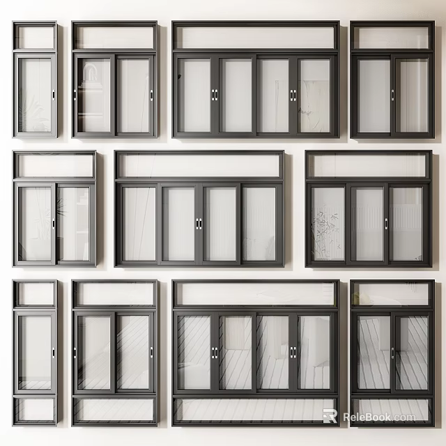 Various Modern Casement Windows With Sleek Black Frames And Tempered Glass Panels 3d model