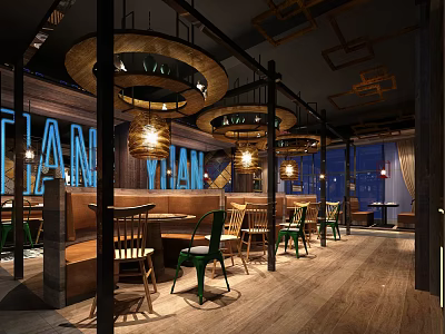 Industrial Style Restaurant Interior With Wooden Decor Pendant Lights And Colorful Chairs 3d model