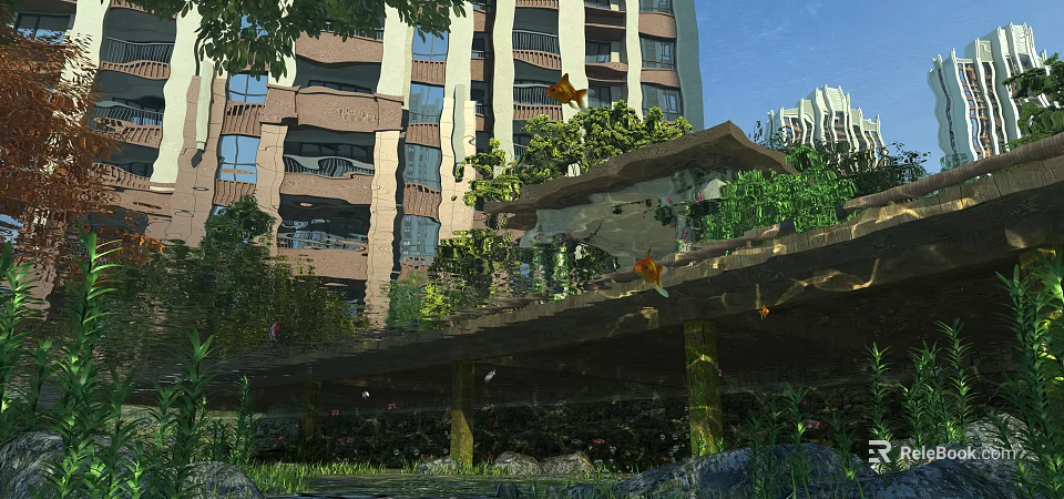 Scenic Urban Landscape With Tall Buildings Green Plants Wooden Bridge And Pond With Fish 3d model 