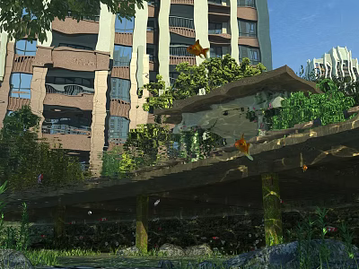 Scenic Urban Landscape With Tall Buildings Green Plants Wooden Bridge And Pond With Fish 3d model