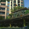 Scenic Urban Landscape With Tall Buildings Green Plants Wooden Bridge And Pond With Fish