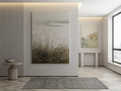 Modern Interior With Large Decorative Paintings Console Table And Herringbone Wooden Floor 3d model