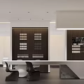 Modern Boutique Showroom Interior With Dark Wooden Wall White Counter Display Items And Black Chairs