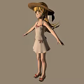 Cartoon Girl With Straw Hat Long Yellow Hair In Light Dress And Red Sandals