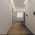 Sleek Hotel Corridor Interior With White Walls Elevators Wall Lights And Carpet 3d model