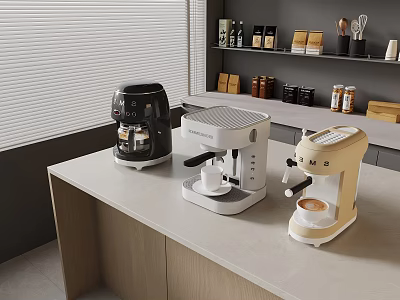 Modern Kitchen Countertop With Black White Beige Coffee Machines And Cups 3d model