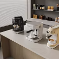 Modern Kitchen Countertop With Black White Beige Coffee Machines And Cups
