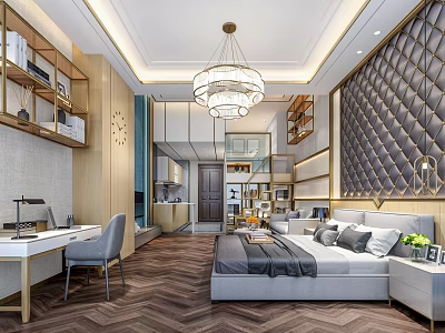 Modern Apartment Interior With Bedroom Workspace Chandelier Decorative Wall And Wooden Flooring 3d model
