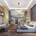 Modern Apartment Interior With Bedroom Workspace Chandelier Decorative Wall And Wooden Flooring