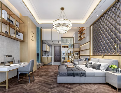 Modern Apartment Interior With Bedroom Workspace Chandelier Decorative Wall And Wooden Flooring 3d model