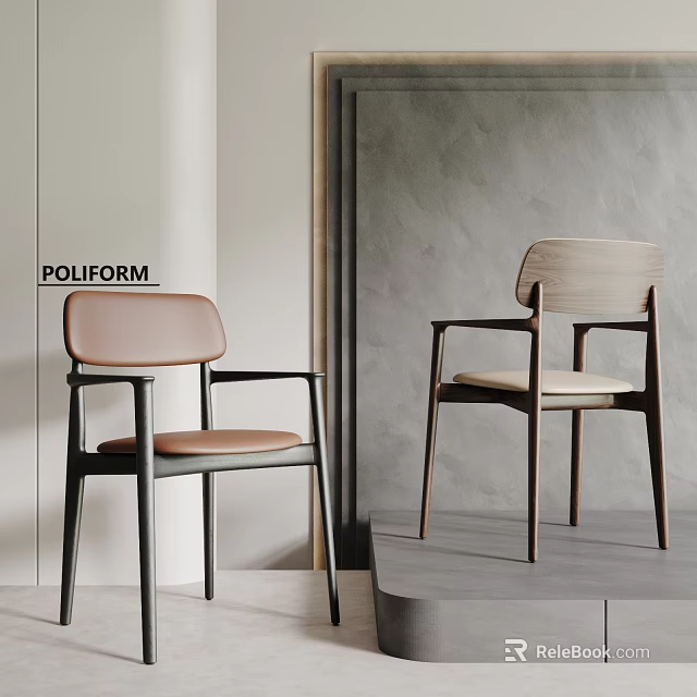 POLLIFORM Modern Dining Chairs With Wooden Frame And Leather Fabric Seats In Minimalist Interior 3d model 