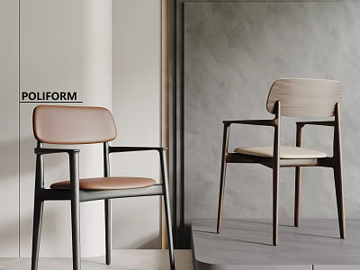 POLLIFORM Modern Dining Chairs With Wooden Frame And Leather Fabric Seats In Minimalist Interior 3d model