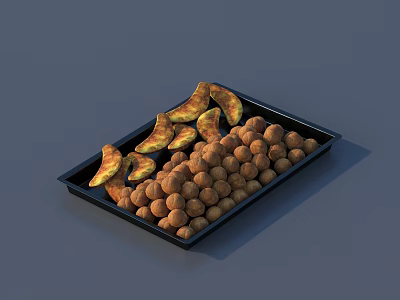 Crispy Fried Banana Slices And Golden Potato Balls On Black Serving Tray 3d model