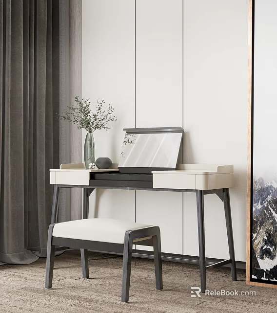 Modern Minimalist Dressing Table With Mirror Vase Storage Drawers And Matching Stool 3d model