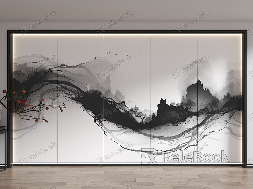 Decorative panel background wall landscape integrated background wall ink painting wood veneer background wall living room sofa background wall model