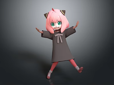 Anime Game Character With Pink Hair Cat Ears Green Eyes Gray Robe In Cheerful Pose 3d model