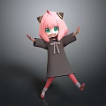 Anime Game Character With Pink Hair Cat Ears Green Eyes Gray Robe In Cheerful Pose
