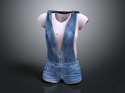 Denim Overalls Shorts Outfit Paired with White T-shirt for Casual Look 3d model