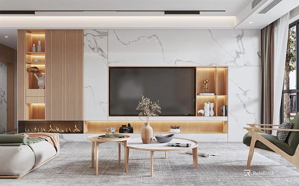 Modern Living Room Interior With Marble Wall TV Wooden Shelves And Coffee Table 3d model 