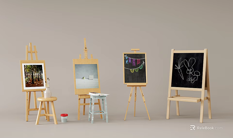 Wooden Easels With Paintings Drawing Boards And Art Supplies For Artists 3d model 